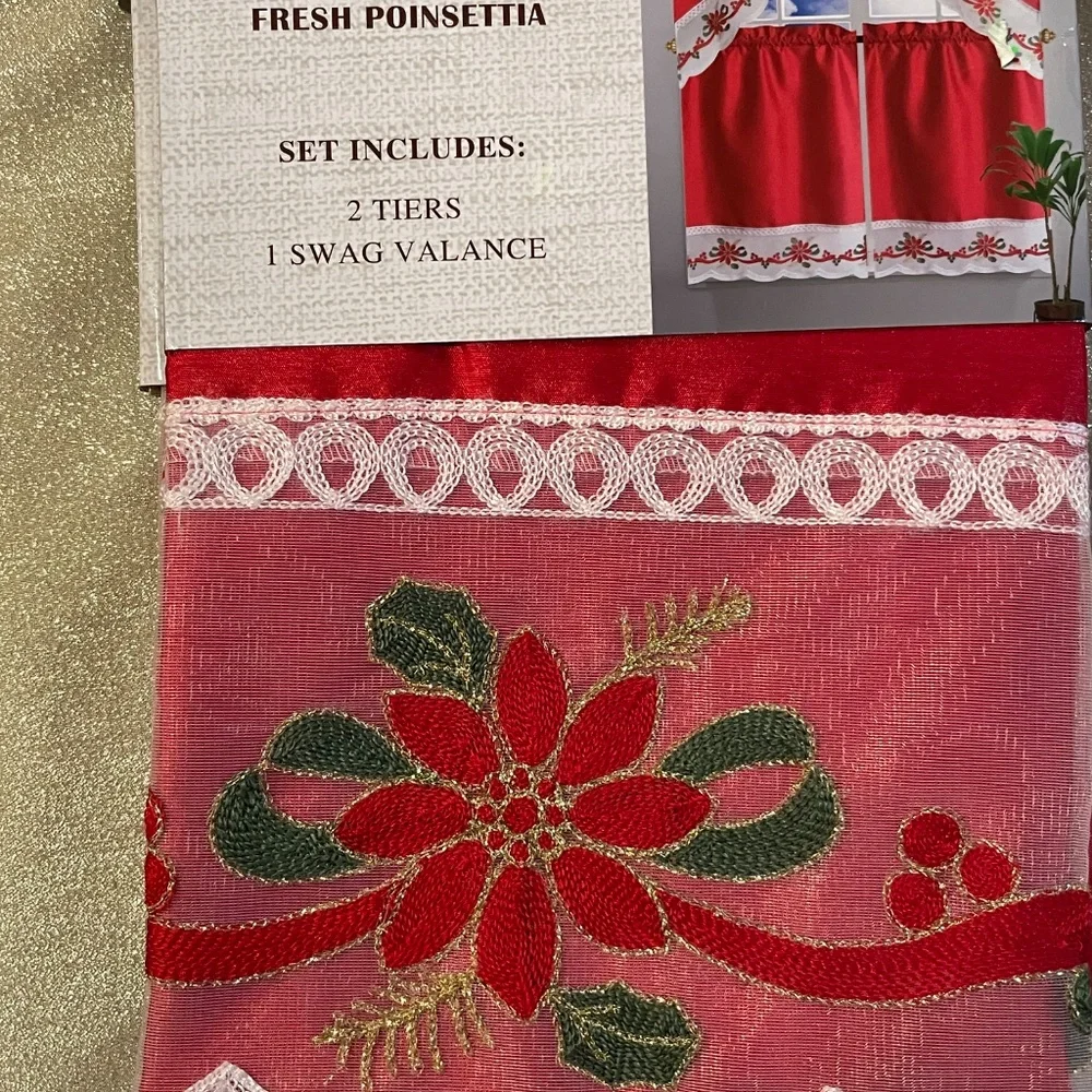 NEW Red Christmas Poinsettia Flower Embroidered 3-Piece Kitchen Curtain Window